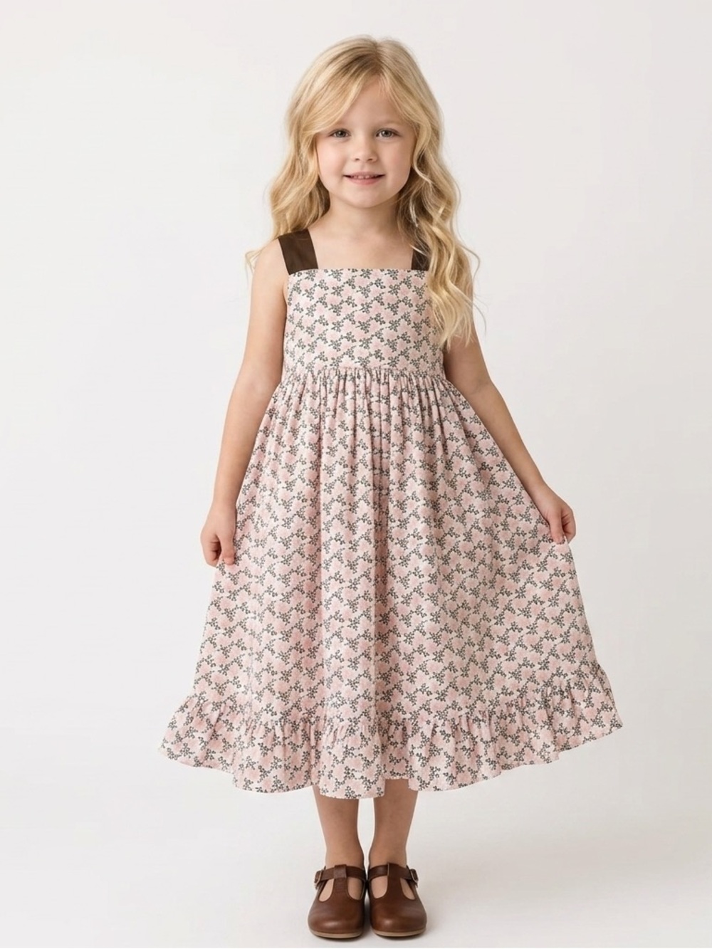 Hannah Kate Girls Pink Brown Floral Square-Neck Dress Ruffles Sz 5 Twirl Skirt